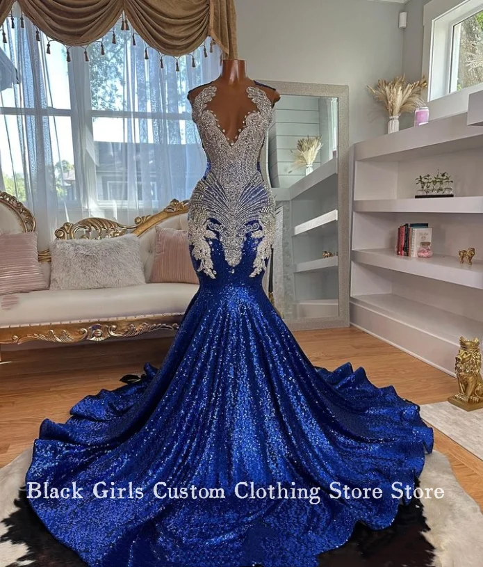 Sparkling Sapphire Mermaid Prom Party Dress 2024 For Black Girls Luxury Diamante Set Sequins Formal Occasion Graduation Dress