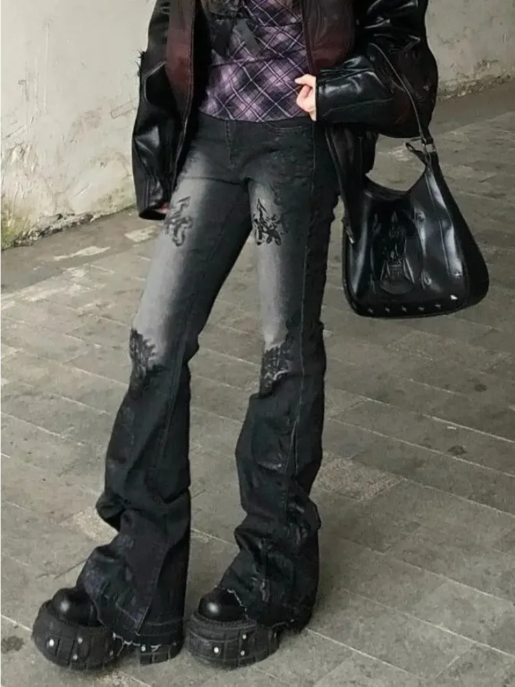 

Vintage Floral Embroidery Jeans Women Y2k Low Rise Print Flare Pants Long Trousers Dark Academia Abi Japanese Streetwear Outfit