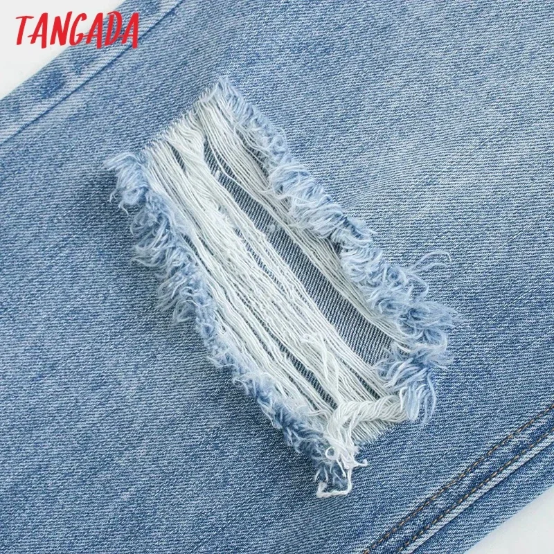 Tangada Fashion Women Hollow Ripped Blue Denim Jeans Pants Trousers High Waist Lady Pants Pantalon 4M02