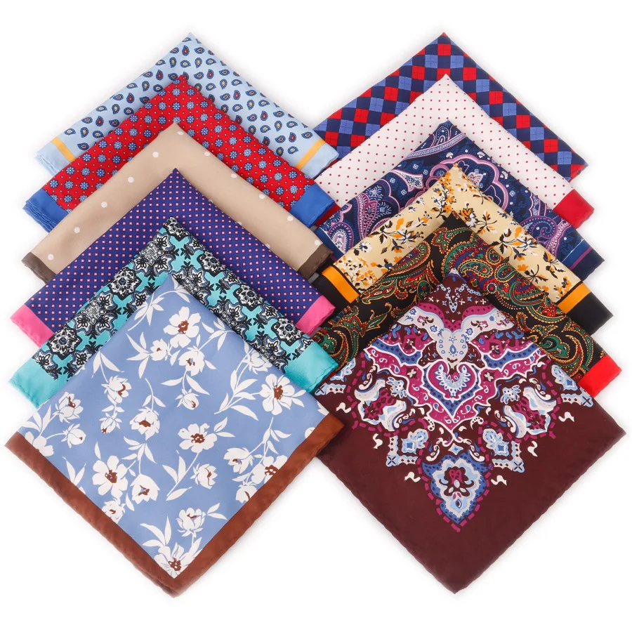 30cm Fashion Mens Handkerchif Simulated Silk Floral Printed Handkerchief Luxury Polka Dots Hanky Groom Suit Chest Towel Cravat