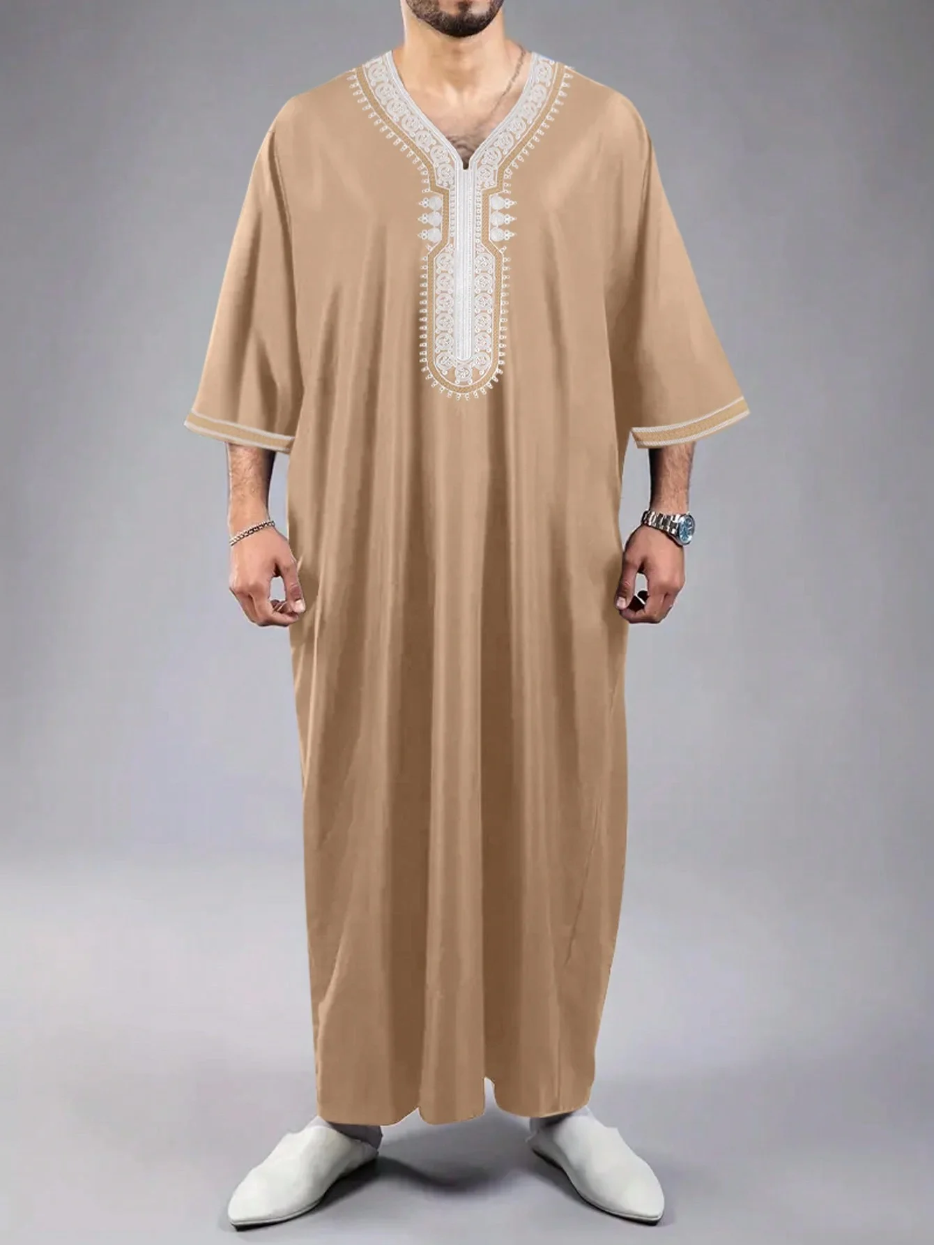 Apricthobe Middle Eastern men's side-pocket robe and jubba Thawb men's plus-size Muslim casual embroidered Arab robe