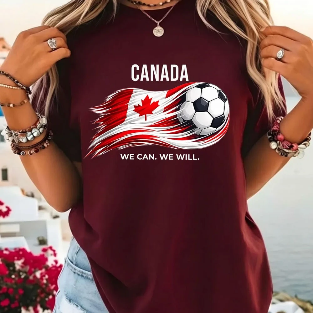 Canada Soccer We Can We Will Shirt Canadian Flag Maple Leaf Graphic T-Shirt Soccer Part Supplies Clothing Men Women Cotton Tops