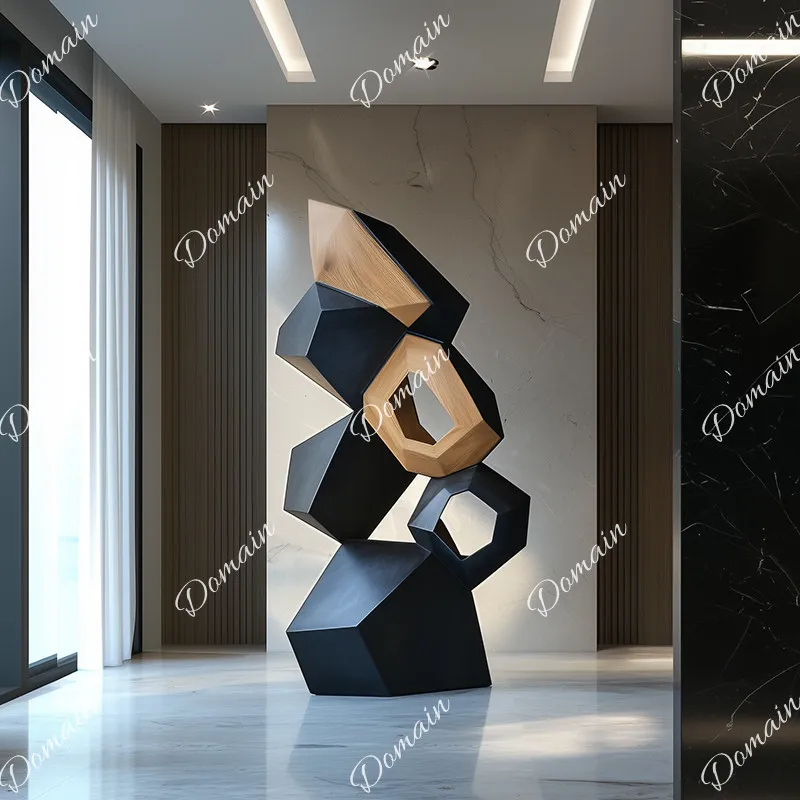 Hotel lobby abstract geometric solid wood sculpture floor-to-ceiling ornament large-scale decoration art installation