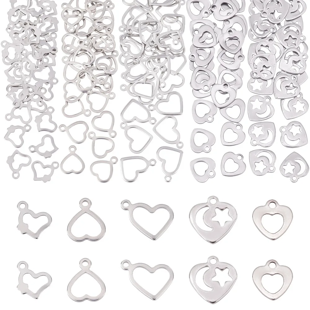 150Pcs 5 Style 304 Stainless Steel Open Pendants Hollow Heart Stainless Steel Color 30pcs/style