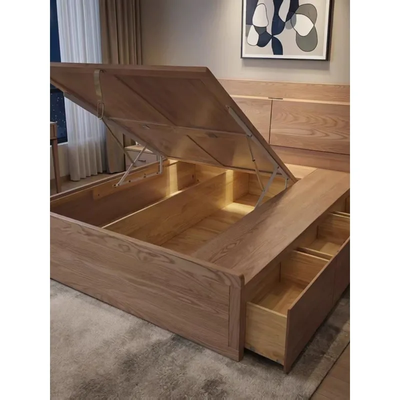 natural wood style large wedding bed Nordic minimalist master double bed, air pressure drawer storage, openable headboard