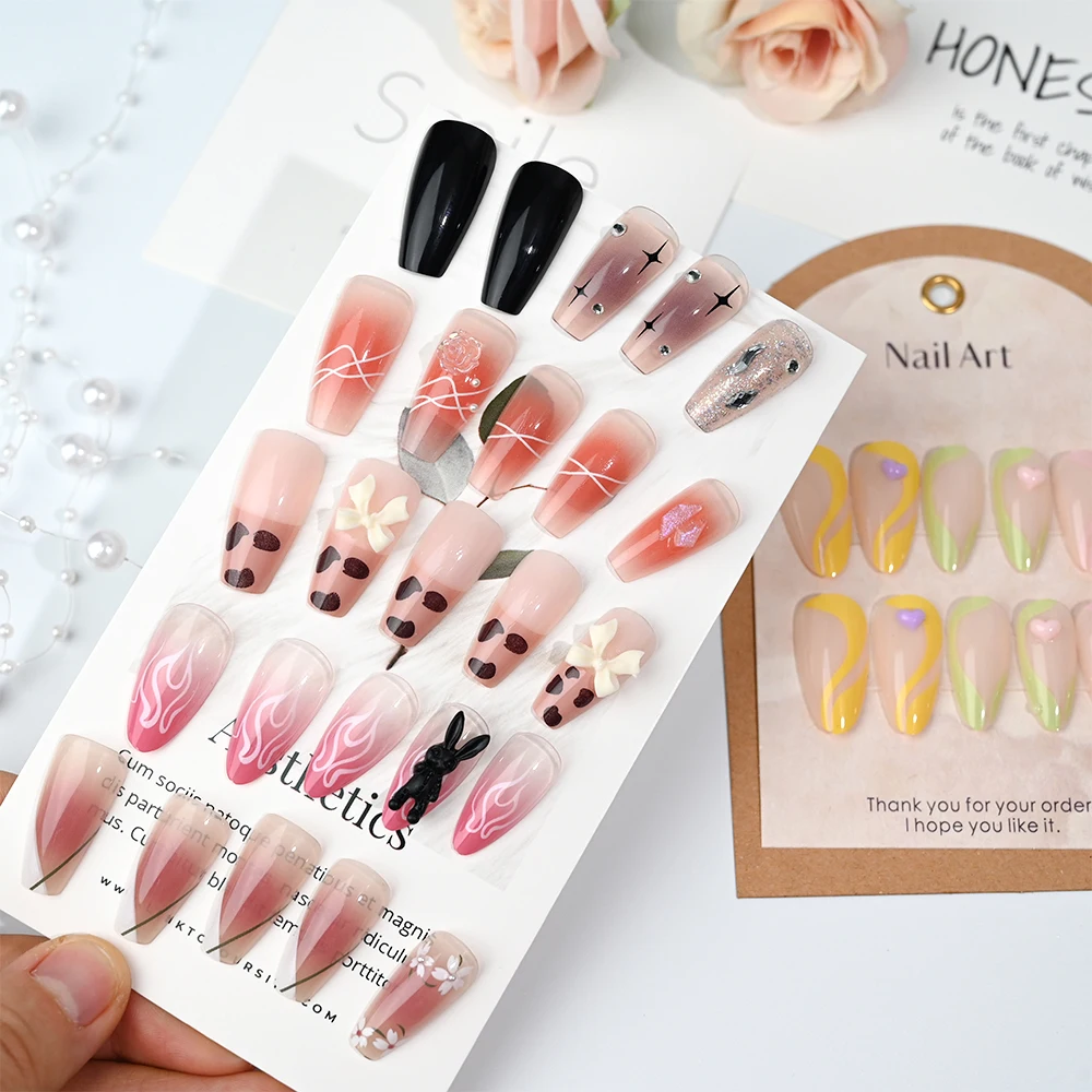 144pcs Elegant 3D Floral & Rabbit Press On Nails Set Long Almond/Sqare Shaped False Nails Mixed Color System Fake Nails *6 Boxes