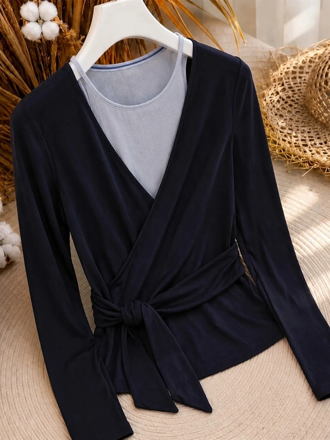 Slim Fit Long Sleeve T-Shirt Women's Fashion Korean Style Belt Design Sense Fake Two-Piece round Neckline True Silk Top