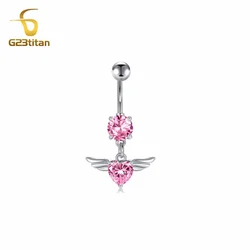 G23titan Pink Heart Pendant Wings Belly Button Ring Zircon Medical Titanium Curved Barbell Body Piercing 14G Navel Jewelry 