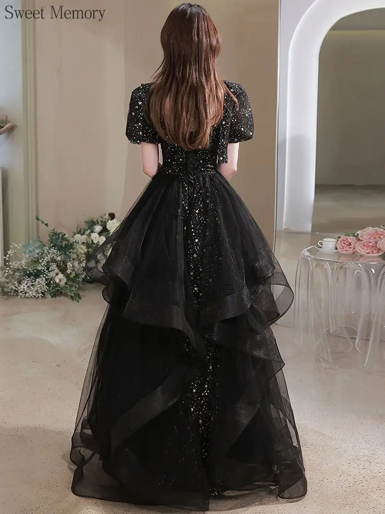 Sweet Memory Black Dress Evening Party Dresses Female Vintage Mesh Floor-Length Short Puff Sleeve Ball Gown Prom Dress