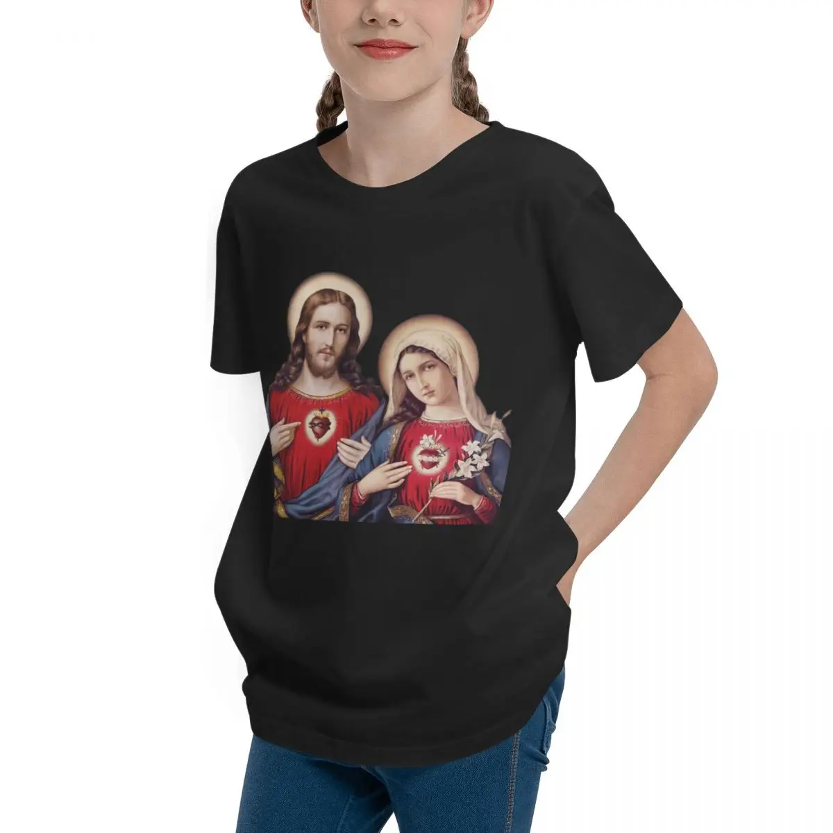 Sacred And Immaculate Hearts (Jesus And Mary) Vers Vintage Leisure Teenagers Basic Short Sleeve T-Shirt Sexy Tees Humor Graphic