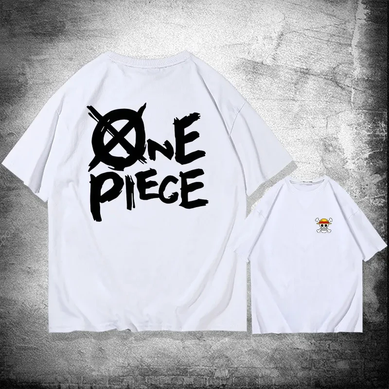 일본 애니메이션 원피스 티셔츠 반팔 옷 라운드 넥 편지 인쇄 패턴 인쇄 남성과 여성 조수