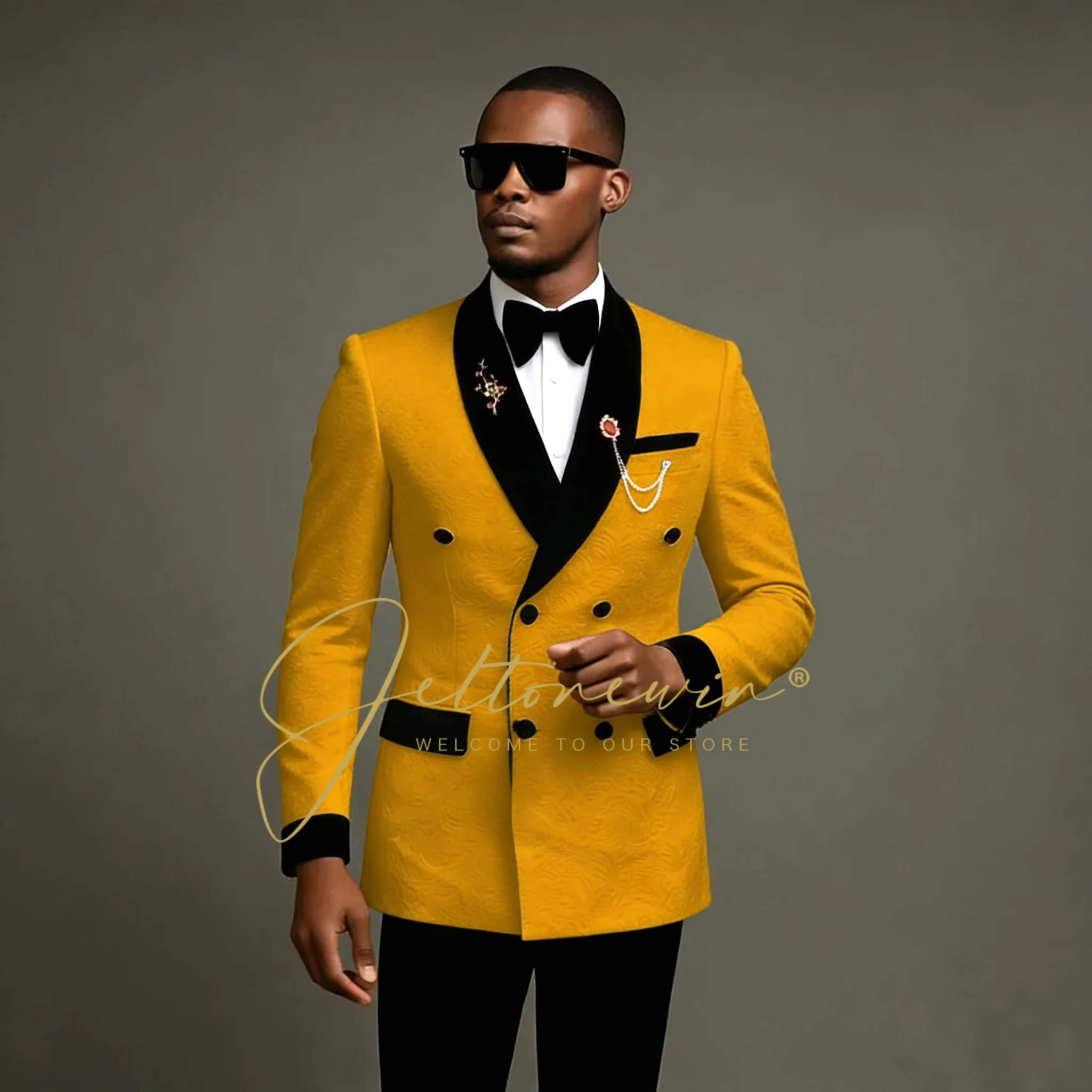 

Мужские свадебные костюмы-смокинги с золотым цветочным узором, двубортные, с шалевым воротником, для жениха, для торжественных мероприятий, выпускных вечеров, для шаферов, комплекты с пиджаками