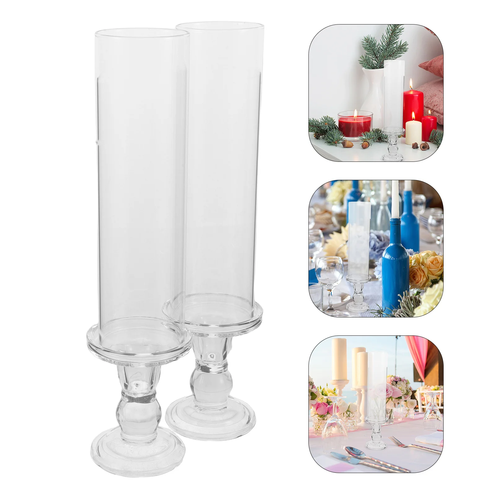 

2Sets European Style Glass Candlestick Holders Clear Glass Windproof Sleeve Stable Base Table Centerpiece Wedding Holder