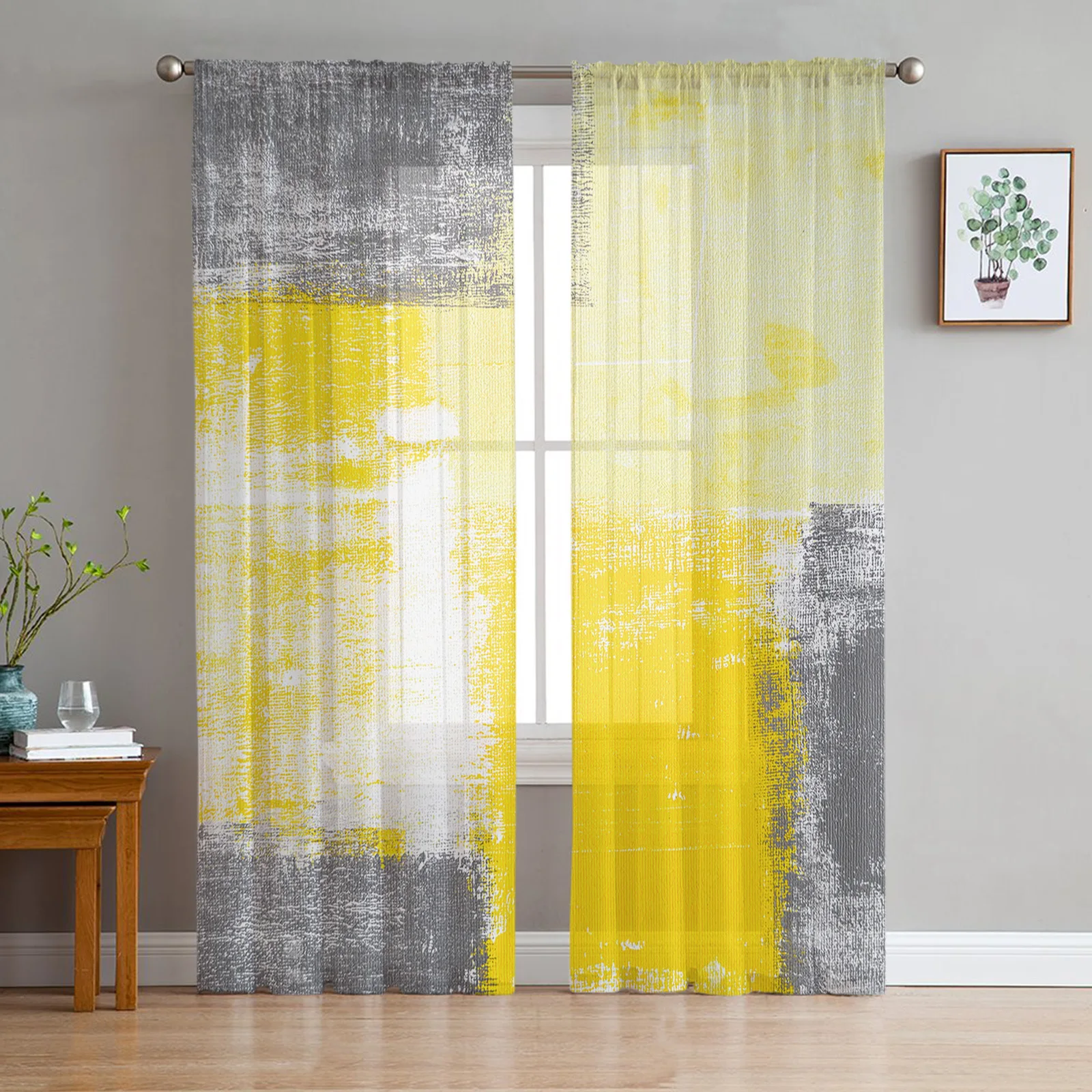 Paint Abstract Geometric Yellow Tulle in Sheer Curtains for Living Room Bedroom Kitchen Window Treatment Chiffon Curtain Blinds