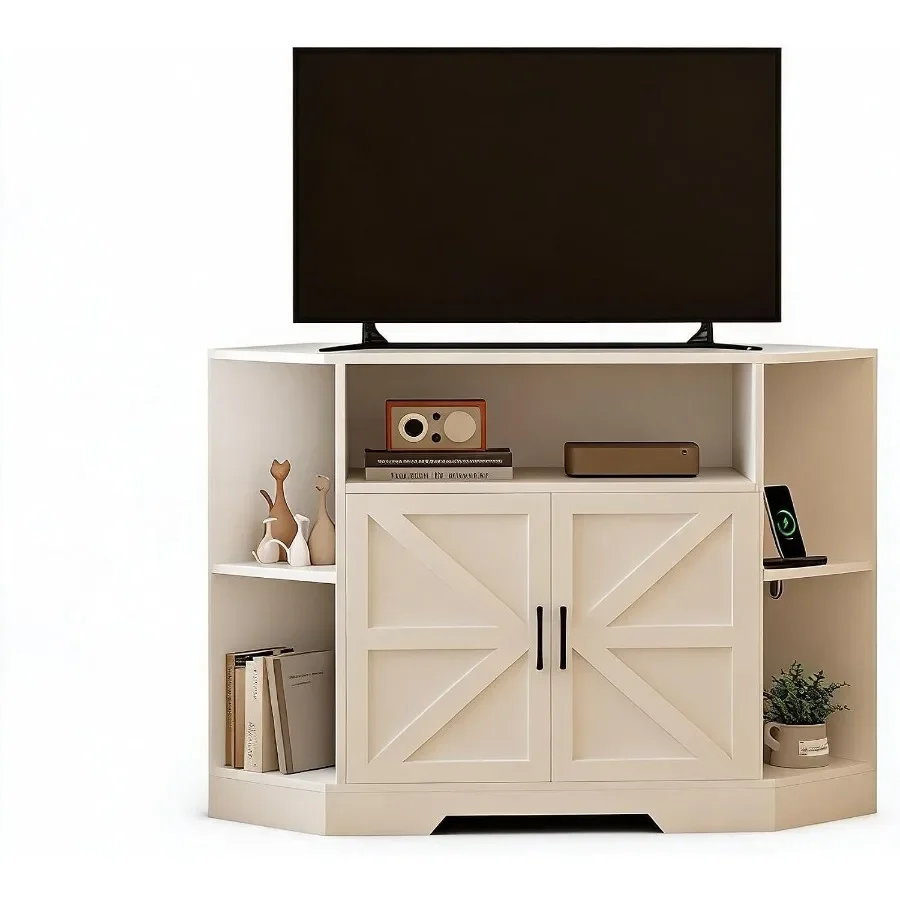 Corner TV Stand with Power Outlet Barn Doors for Living Room, Engineered Wood, Weathered Gray, Space-Saving Design with Conceal