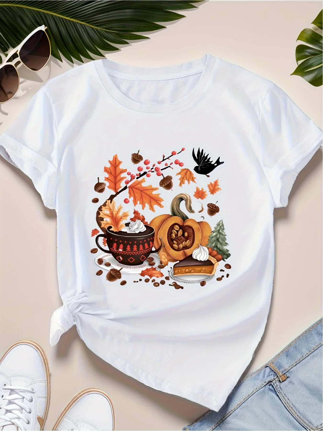 

Women's Pumpkin Graphic T-Shirt White Fall Tee with Cute Pumpkin Leaves Coffee Cup Design Harajuku Short Sleeve Casual