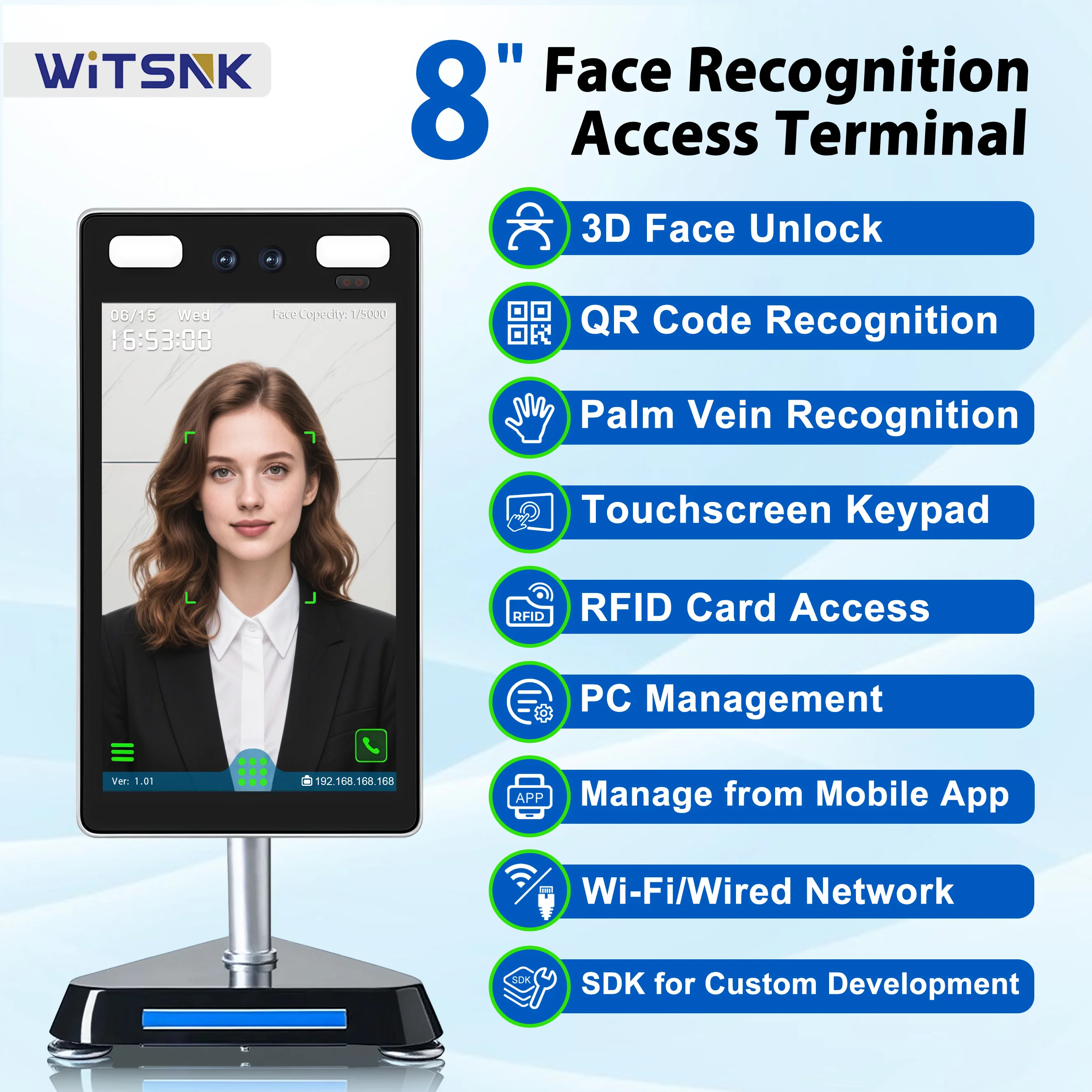 8 인치 RFID 얼굴 인식 액세스 제어 동적 감지 도어 잠금, 시간 출석 기계 무료 소프트웨어 tcp/ip