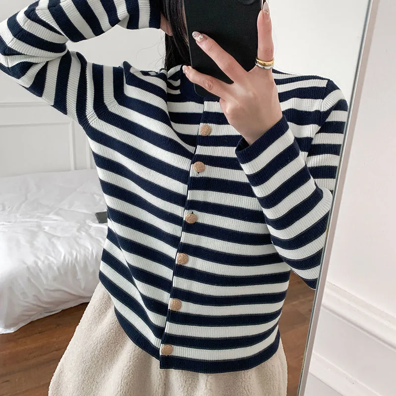 2024 Spring New Women's Navy Stripe Relief Metal Button Cardigan Versatile Long sleeved Small Cardigan