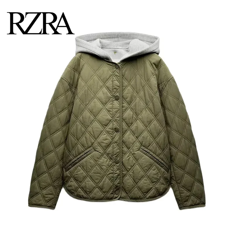 

RZRA2024 winter new women's round neck long sleeve contrast color stitching hooded cotton jacket coat diamond quilting