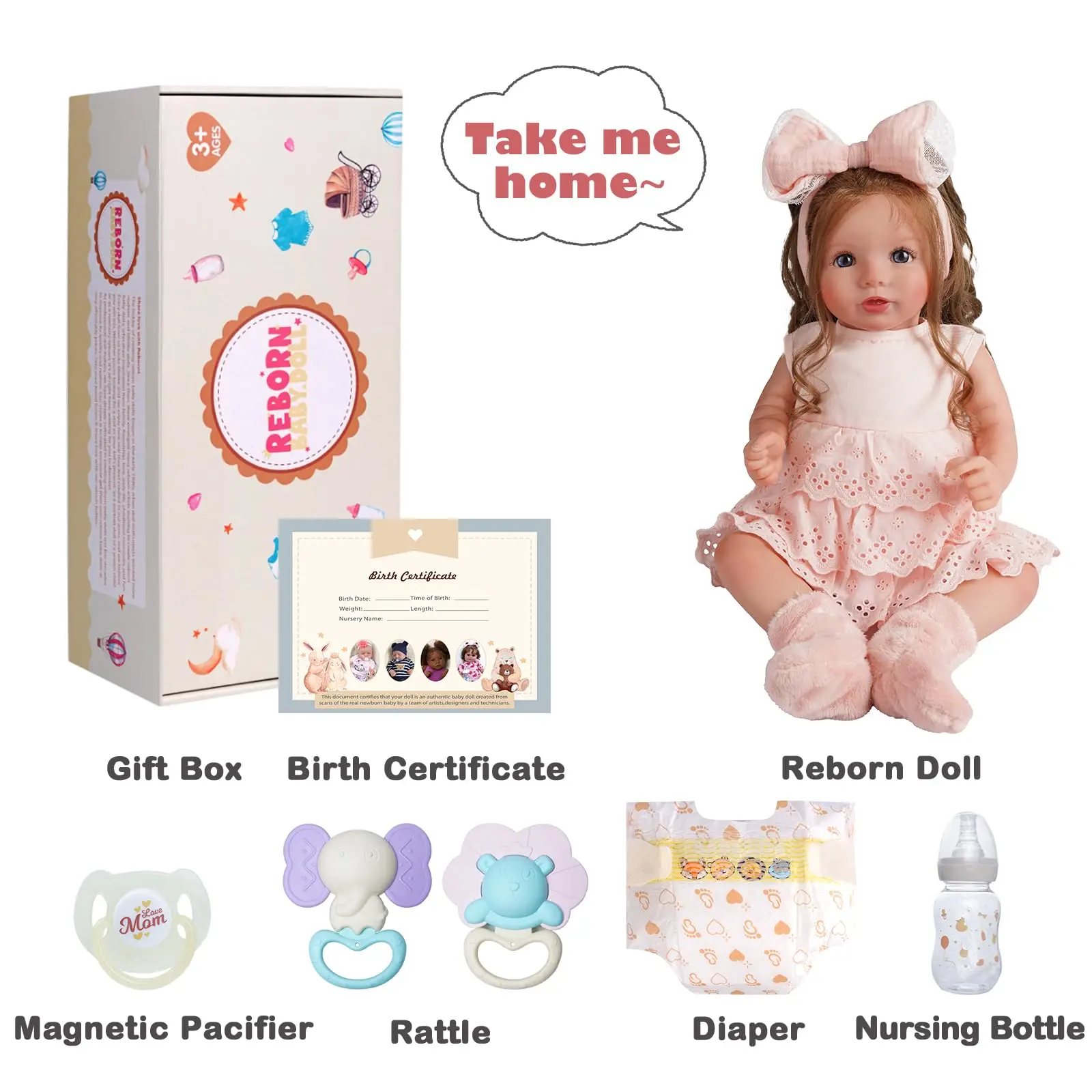 20インチのリアルなリボーンドール、女の子、生きているような幼児、柔らかい布製の体、長い髪、服とアクセサリー付き、3歳以上のお子様向け