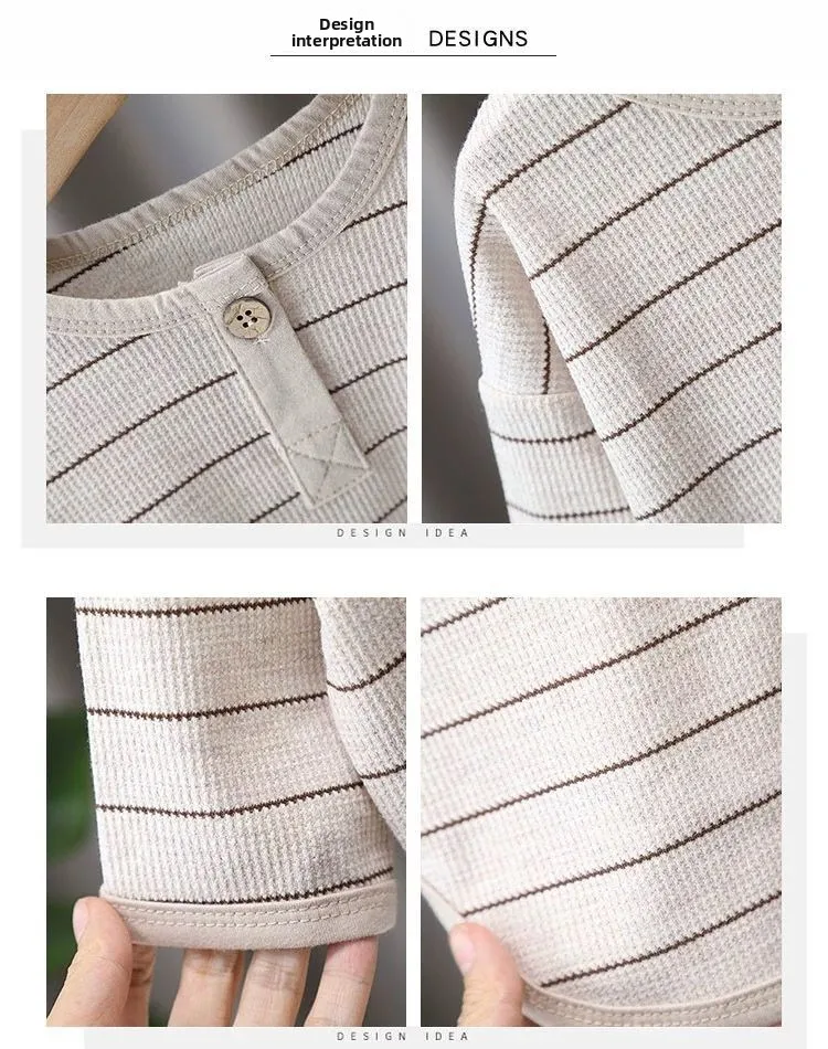 Kinder-Frühlings- und Herbst-Langarm-T-Shirt für Jungen und Mädchen, koreanisches gestreiftes T-Shirt, warmes Unterhemd für Kinder, schlichtes Oberteil für Babys – Detail 4