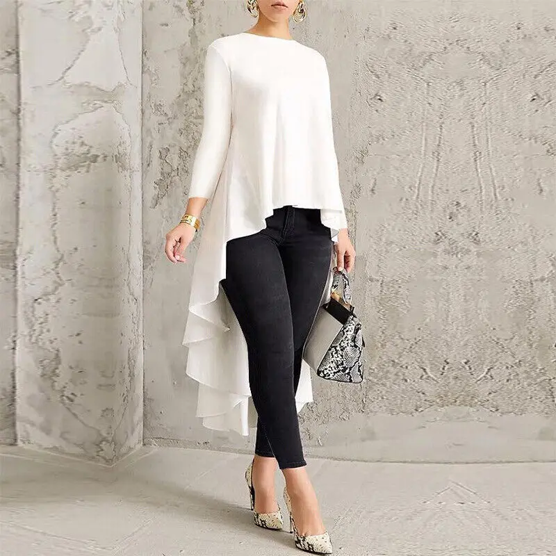 Women Long Sleeve Asymmetrical Waterfall Shirt Tops High Low Blouse