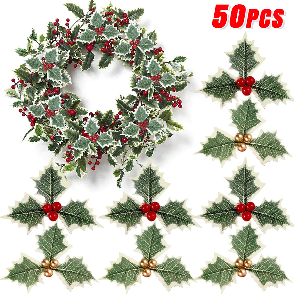 50/5Pcs Artificial Holly Leaves Red Berries Flower For DIY Christmas Wreath Ornament Gifts Home Christmas New Year Decorations