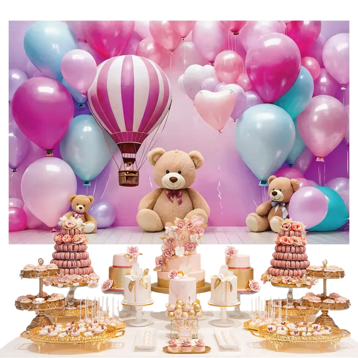 Umi Hot air balloon cloud teddy bear theme children birthday party decoration background baby shower first birthday photography