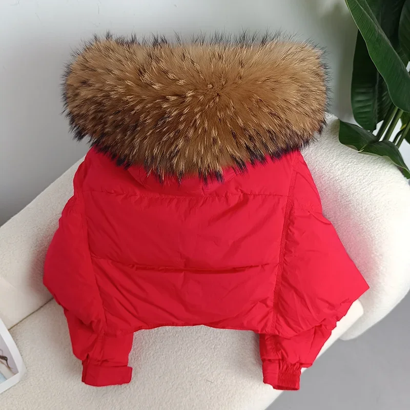 MENINA BONITA 2023 Thick Warm Duck Down Winter Jacket Women Real Fox Fur Raccoon Fur Collar Hooded Loose Streetwear Detachable