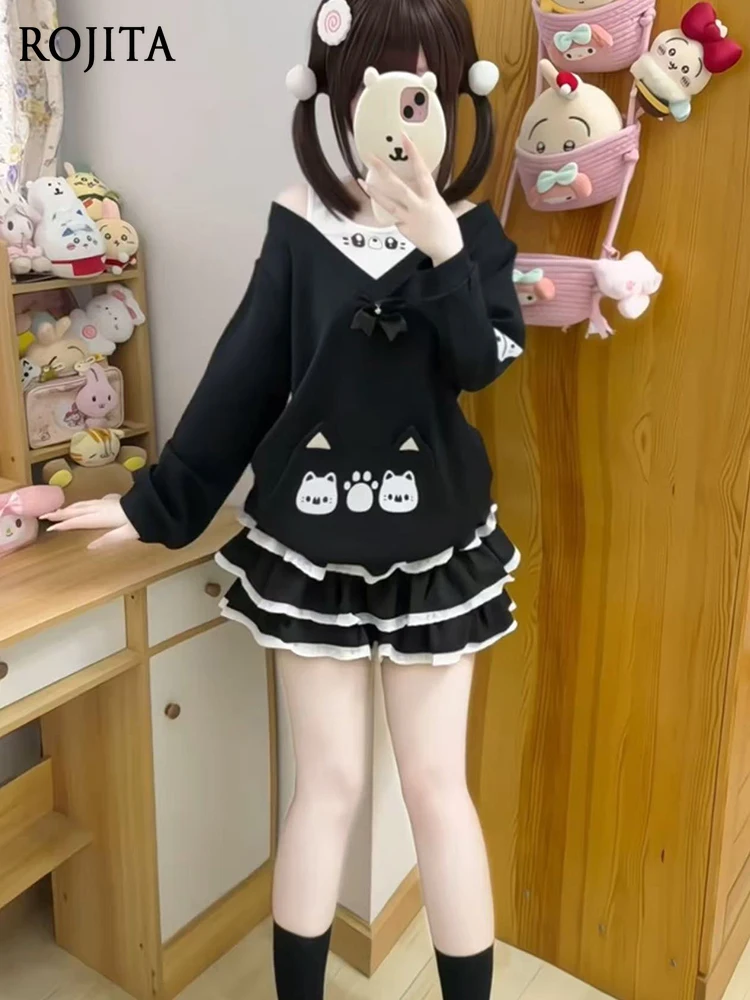 

Soft Girl Cute Versatile Daily Autumn Winter Fake Two-Piece Cat Long Sleeve Sweatshirt for Women and Cake Half Skirt 2-Piece Set