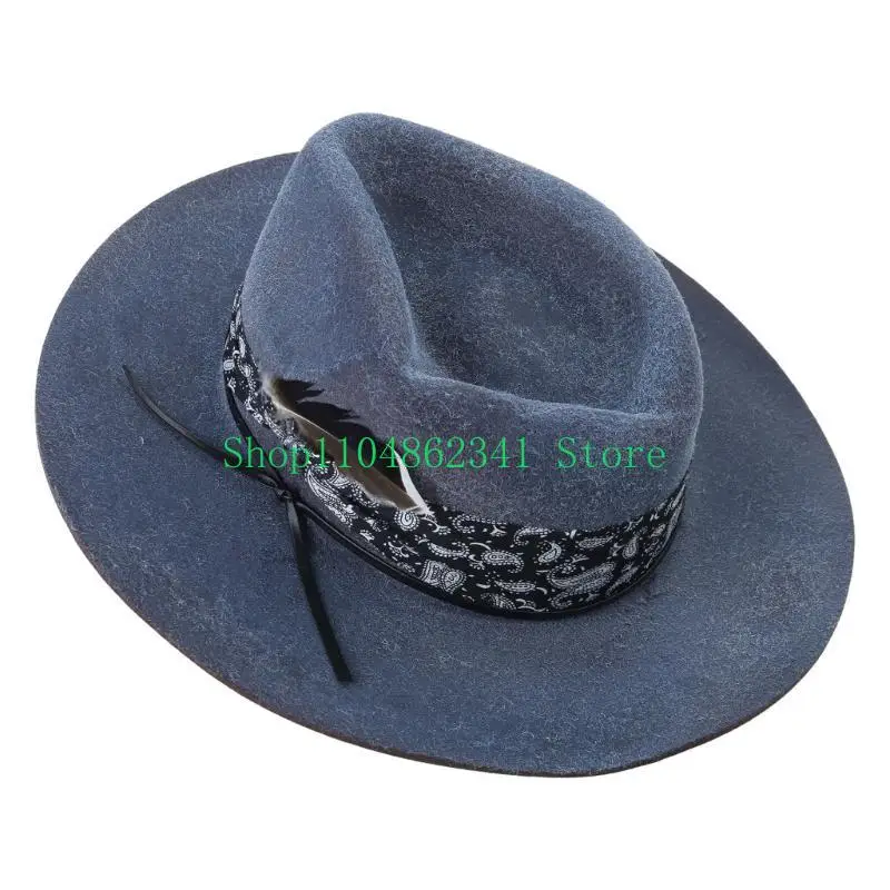 

652F Trendy Unisex Wool Hat with Ethnic Trim Wide Brim Outdoor Hats for Women and Men