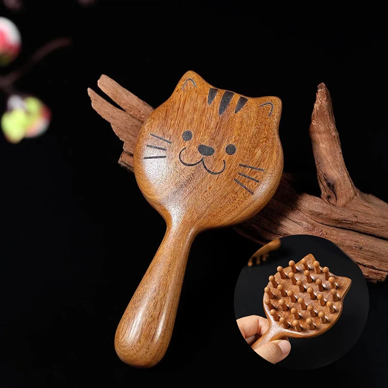 Sandalwood Cartoon Scalp Massage Comb Meridian Comb Toothed Head Hair Comb Body Beautify Massage Guasha Scraping Care.