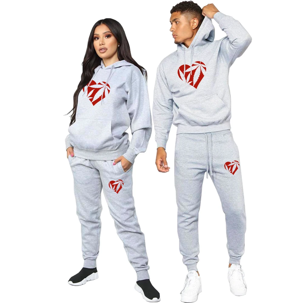 Couple Hoodie and Pants 2 Piece Fashion Maple Leaf Print Sports Suits Sportwear Men's Clothing Women's Tracksuit