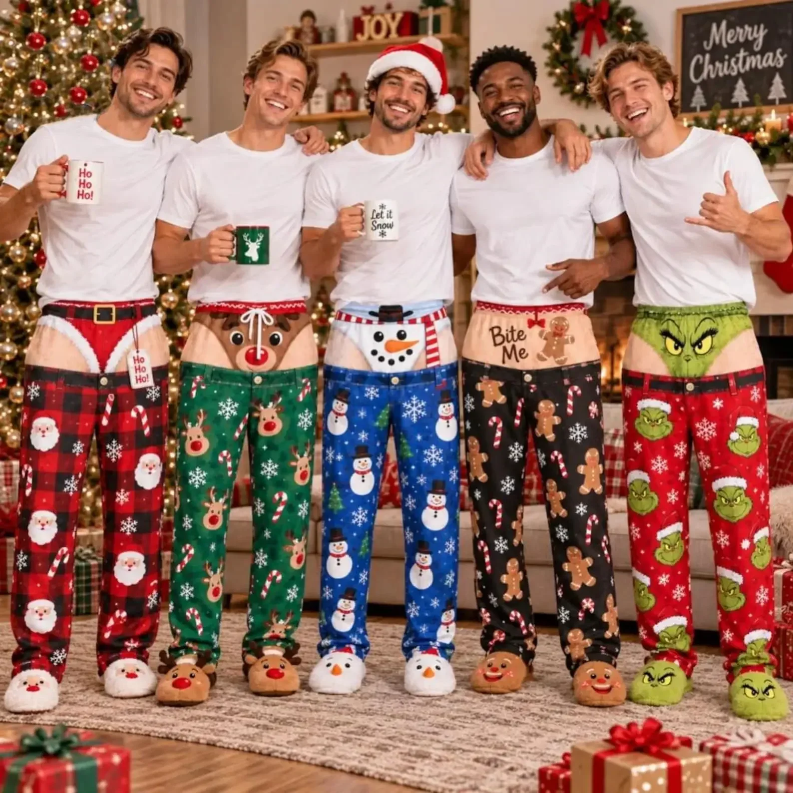 Men's Funny Christmas and Halloween Themed Underwear with 3D Printing, Visually Illusory, Humorous and Personalized Long Pants
