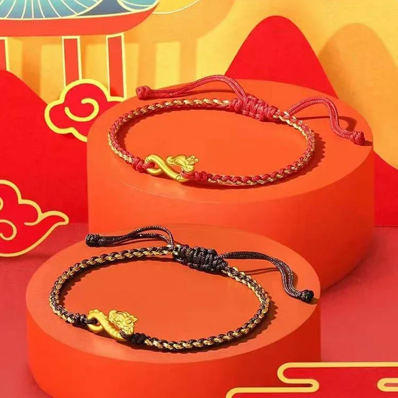 Pure 24K Yellow Gold Bracelet for Women, Real Gold Dragon Hook Lover Wrist Chain Gift Red String Bracelet for Male Female Couple