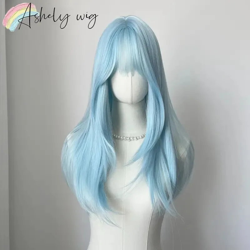 Peluca de pelo liso medio de 22 pulgadas con flequillo, diadema de aspecto natural Lolita, peluca de fibras sintéticas resistentes al calor