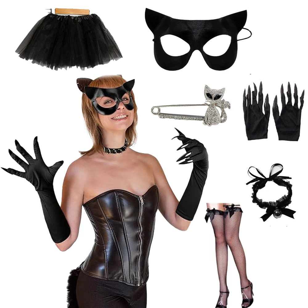 Kostium Kotka Damski PESENAR, Kombinezon z Guzikami w Kroku, Body, Strój Cosplay, Futrzane Uszy Kota, Rękawiczki, Zestaw Skarpet
