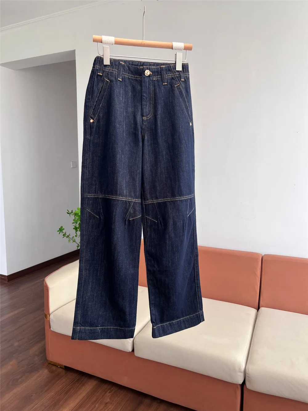 Women's Cotton Jeans Autumn Winter  Knee Three-Dimensional Splicing Retro Casual Denim Pants