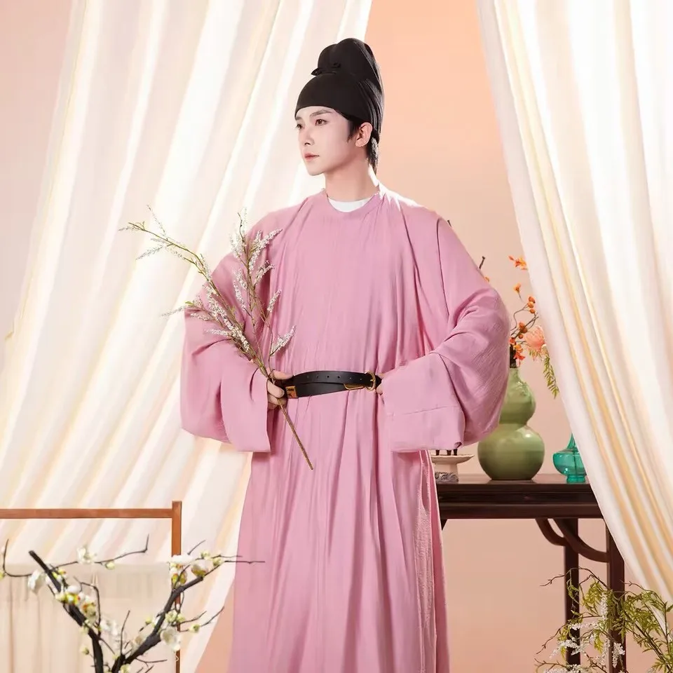 Men Tang Dynasty Hanfu Robe Traditional Chinese Round Collar Linen‑Like Kua Pao Robe Daily Inner Wear Historical Reenactment Cos