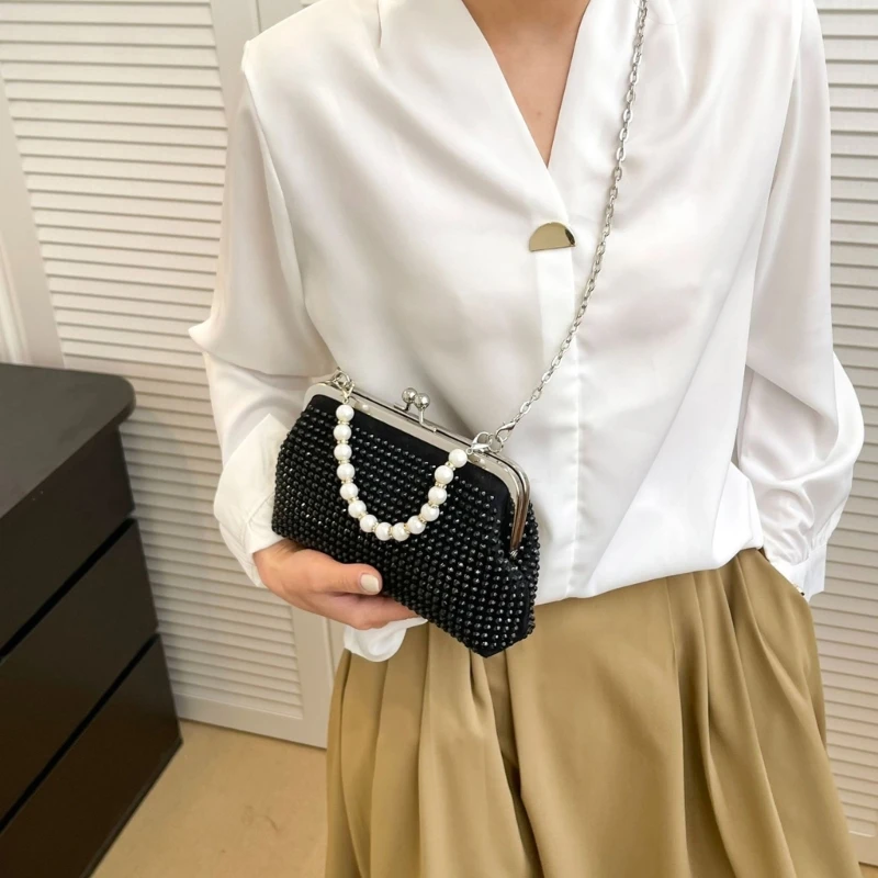 Stylish Evening Bag Rhinestone Purse Ladies Handbag Purse with Detachable Chain Pearls Handle Crossbody Bag Shoulder Bag 517D