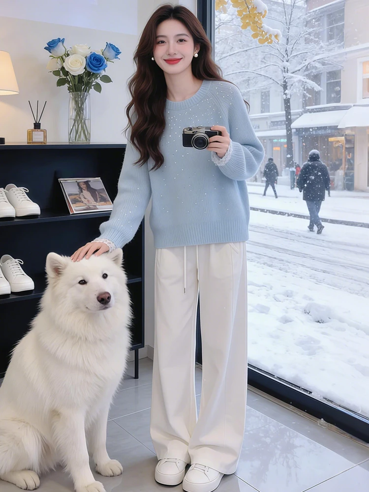 

Heavyweight Lace Splice round Neck Knitwear Women's Loose Lazy Casual Top for Autumn Winter Daily Wear Glittering Long Sleeve