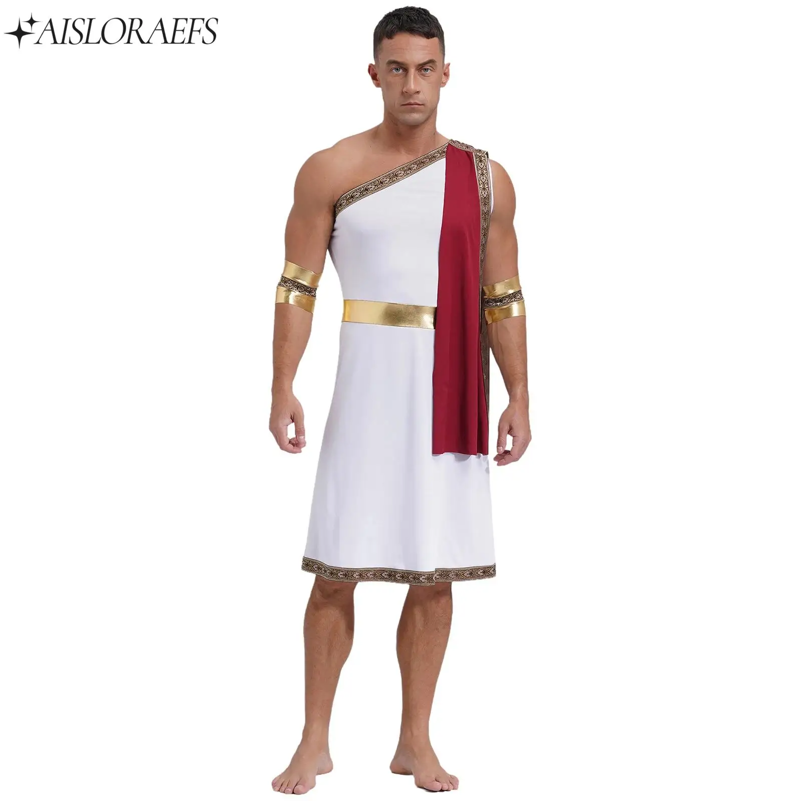 Fashion Mens Ancient Greek Toga Cosplay Costume with Sleeves Embroidered Trim Sleeveless Robe Halloween Carnivals Stage Costumes