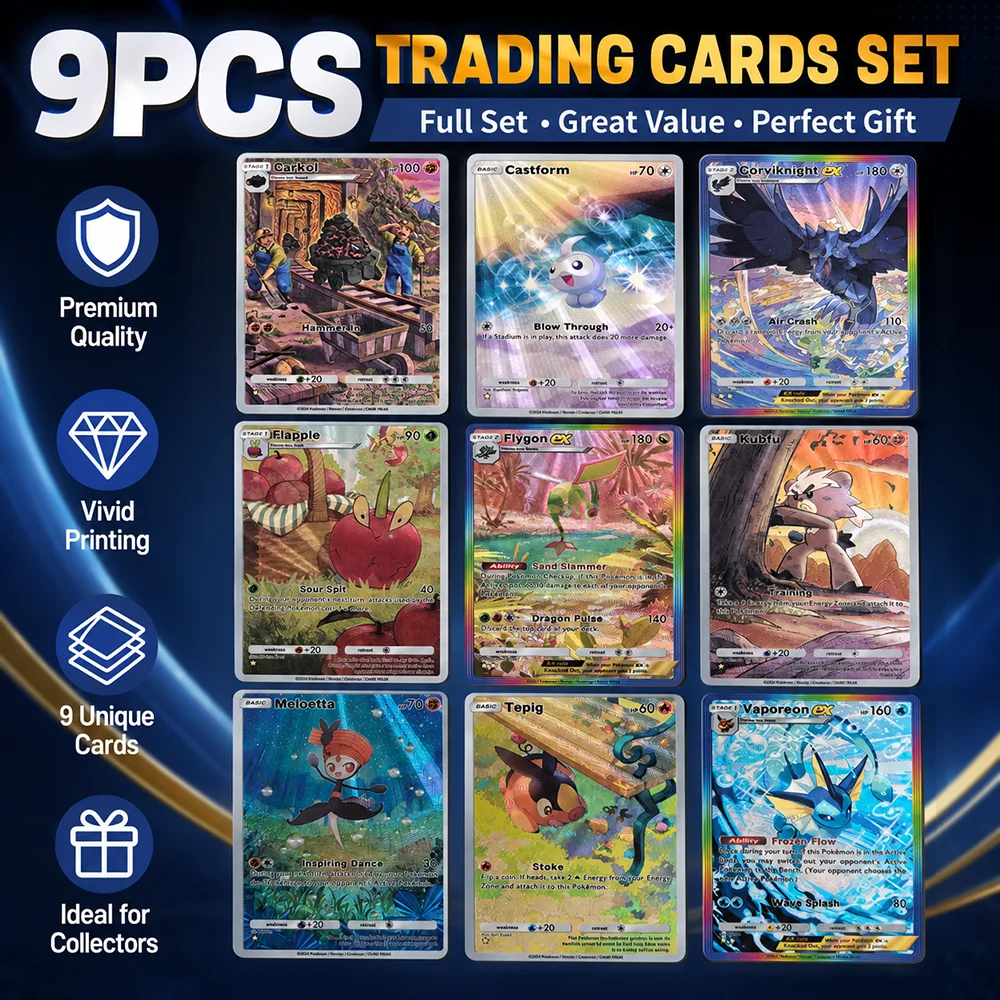

Anime PTCG 9PCS Full Art Holo Trading Cards Collection Set Corviknight Ex Flygon Ex Vaporeon Ex Castform Kubfu Meloetta Cards
