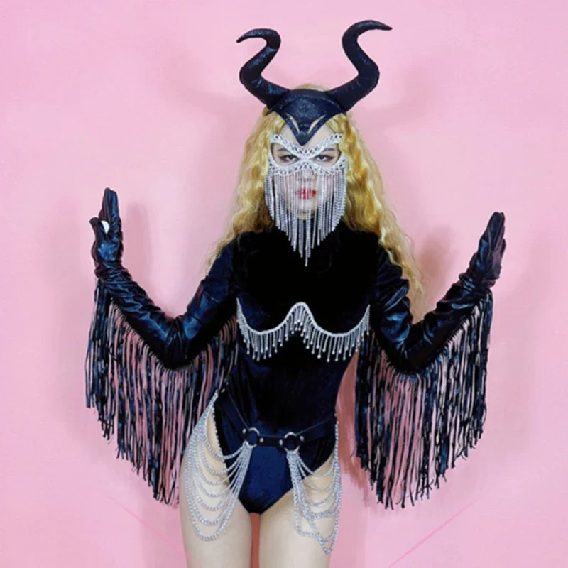 

Nightclub Halloween Costume Women Gogo Dance Rave Outfit Tassel Crystal Bodysuit Drag Queen Dj Show Festival Clothing DNV16844