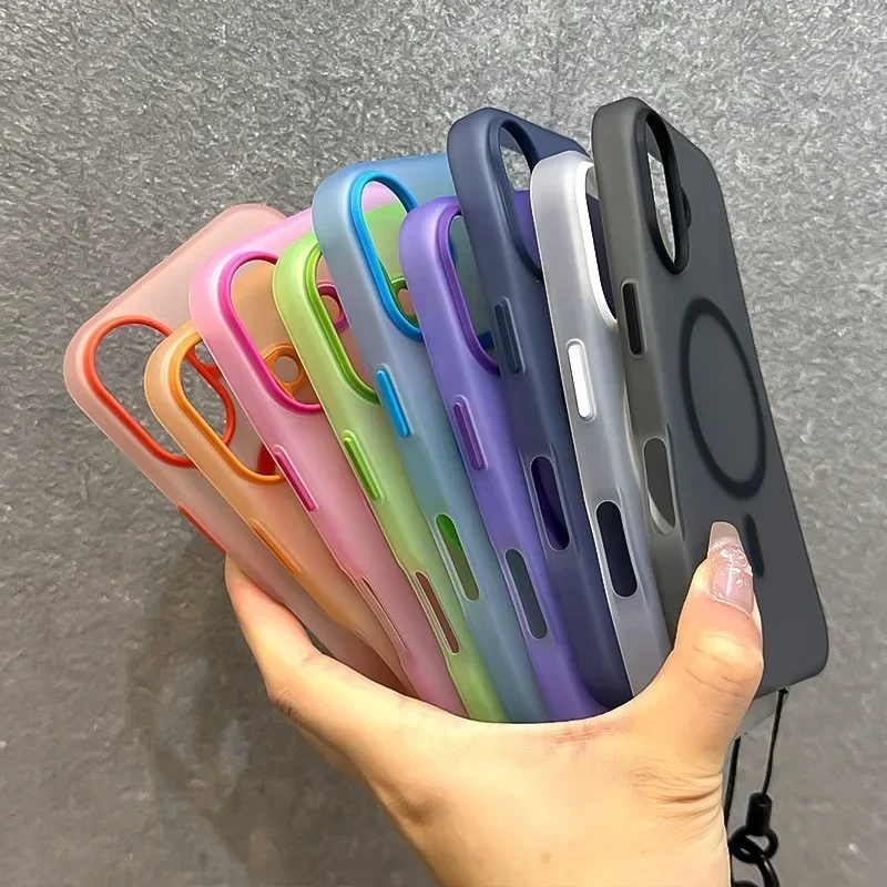 Custodia magnetica ultrasottile opaca color caramello per iPhone 16 15 Pro Max 14 Plus 11 12 13 Cinturino da polso con cordino Magsafe TPU Cover