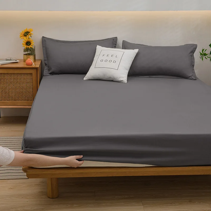 Fitted Mattress Cover Protector Solid Color Full Encasement, Dust Proof Bed Sheet, Cotton Polyester Blend with All Side Elastic