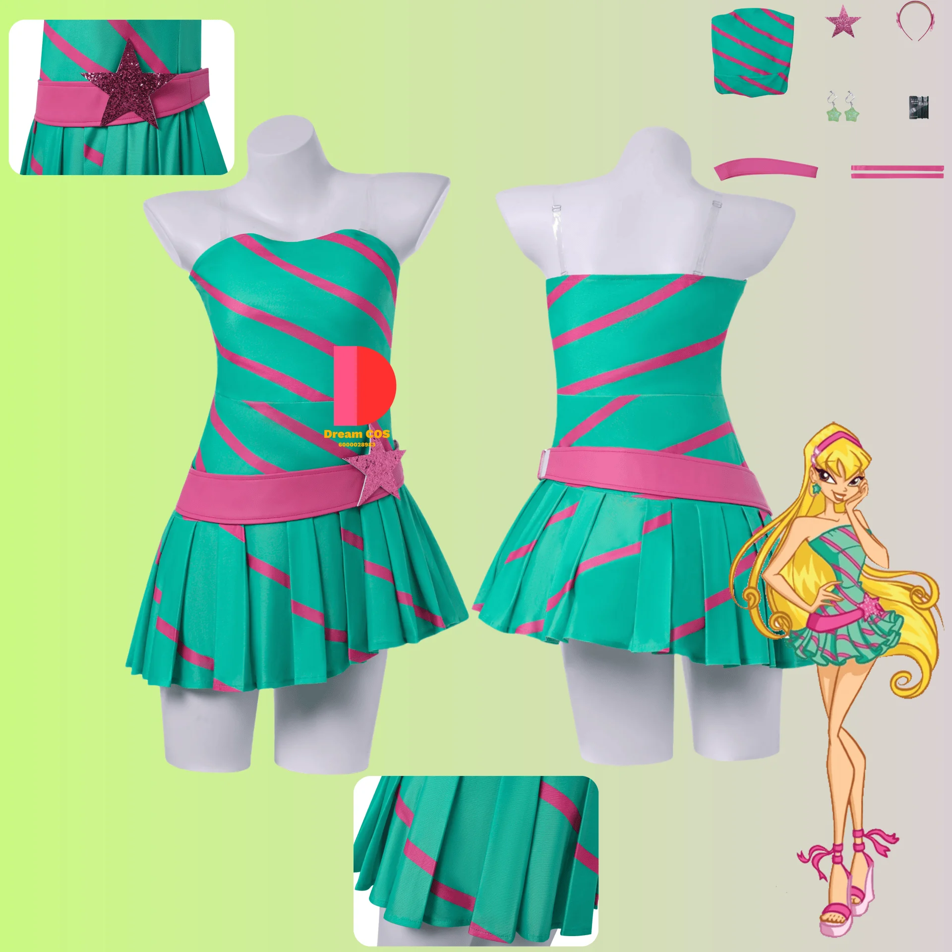 

Hot Anime Stella Cosplay Costume Cute Role Playing Green Sexy Dress Earrings Headwear for Women Adult Comic Con Halloween Party