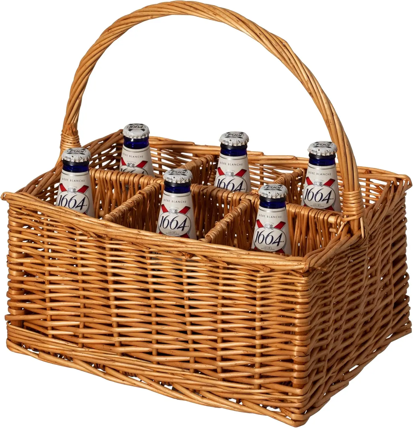 6 Bottle Wicker Wine And Beverage Tote Basket With Handle, Hand Woven Drink Carrier Caddy, Portable Willow Storage Organizer For Picnics Parties And Home Bar Decor, Brown