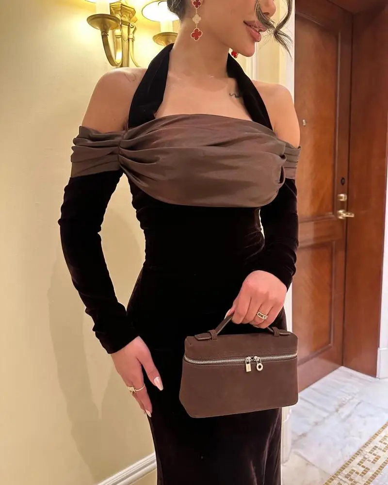 

Jirocum Elegant Halter Velvet Evening Dresses Sequin Trailing Gowns Formal Black Brown Prom Party Gowns