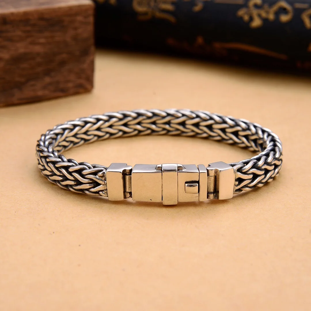 

Pure 925 Sterling Silver Bracelet Women Men Vintage Crafts Handmade 9mm Weave Wheat Link Bracelets 20cm Length S925